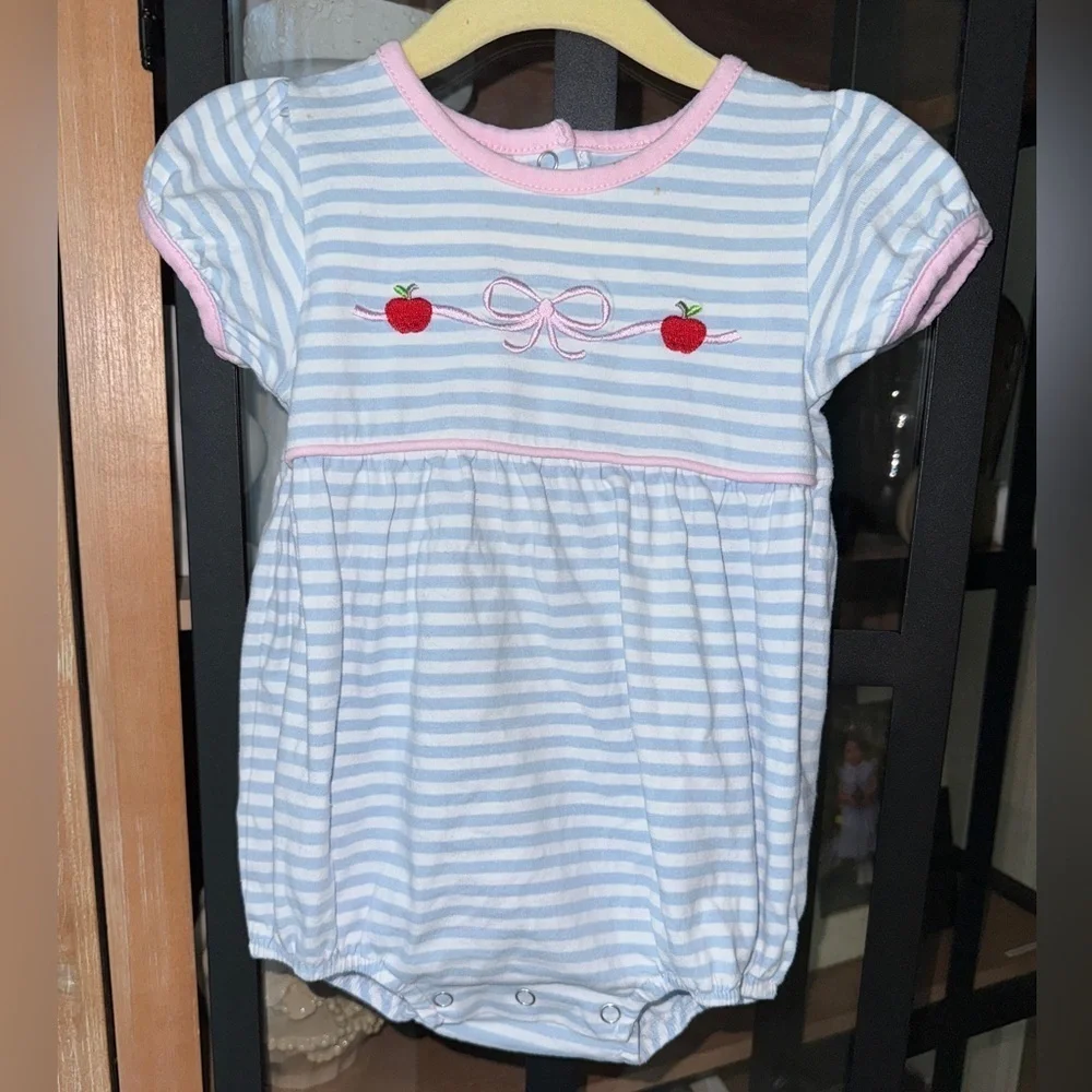 Trotter Street Kids bows apples appliqué bubble romper striped baby girl school